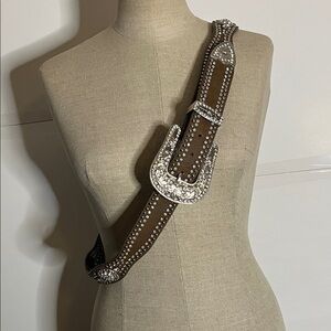 😄Nocona Rhinestone western belt cowgirl bling statement xl leather brown silver